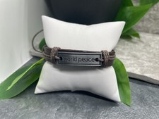 Leather Bracelet Stackable Adjustable Tie New Free Ship Charm World Peace A3498