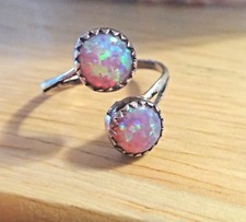 size 8-9 Adjustable Sterling Silver Pink Lab Opal Double 8mm Rounds Ring