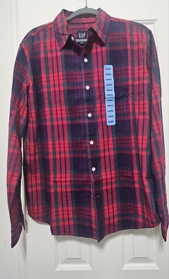 New Gap Men Red Plaid Long Sleeve Button  Size L