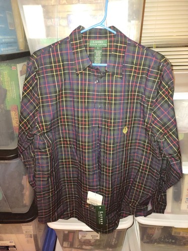 Vintage 1990's NWT Ralph Lauren Classic Emblem Green & Blue Plaid Button Down...