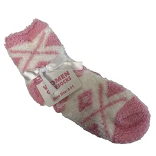 Ankle Cozy Socks 2 Pair Pink Gray White Womens Size 4-11 Fuzzy Soft Stripes