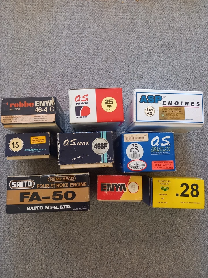 Set of 9 glow engines BOX ONLY  O.S MVVS SAITO ASP ENYA nitro R/C engine boxes - Image 2 of 2