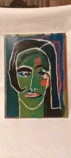 Outsider Art Acrylic Canvas Androgynous Face 12”x9” Green Multi Signed Original