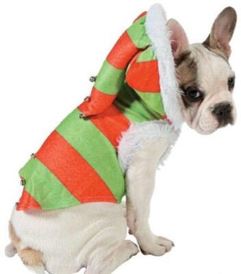 Dog or Cat Pet Elf Costume Red green stripe hooded white fur trim S/M