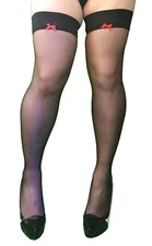 BLACK HOLDUP STOCKINGS SHEER 10 D RED SATIN BOW TOP WELT PREMIUM QUALITY STAY UP