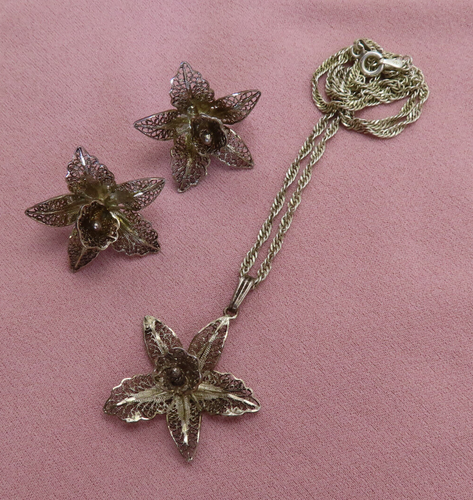 Pendientes Collar Vintage Plata de Ley Orquídea Filigrana Colgante Antiguo 126h - Imagen 3 de 15