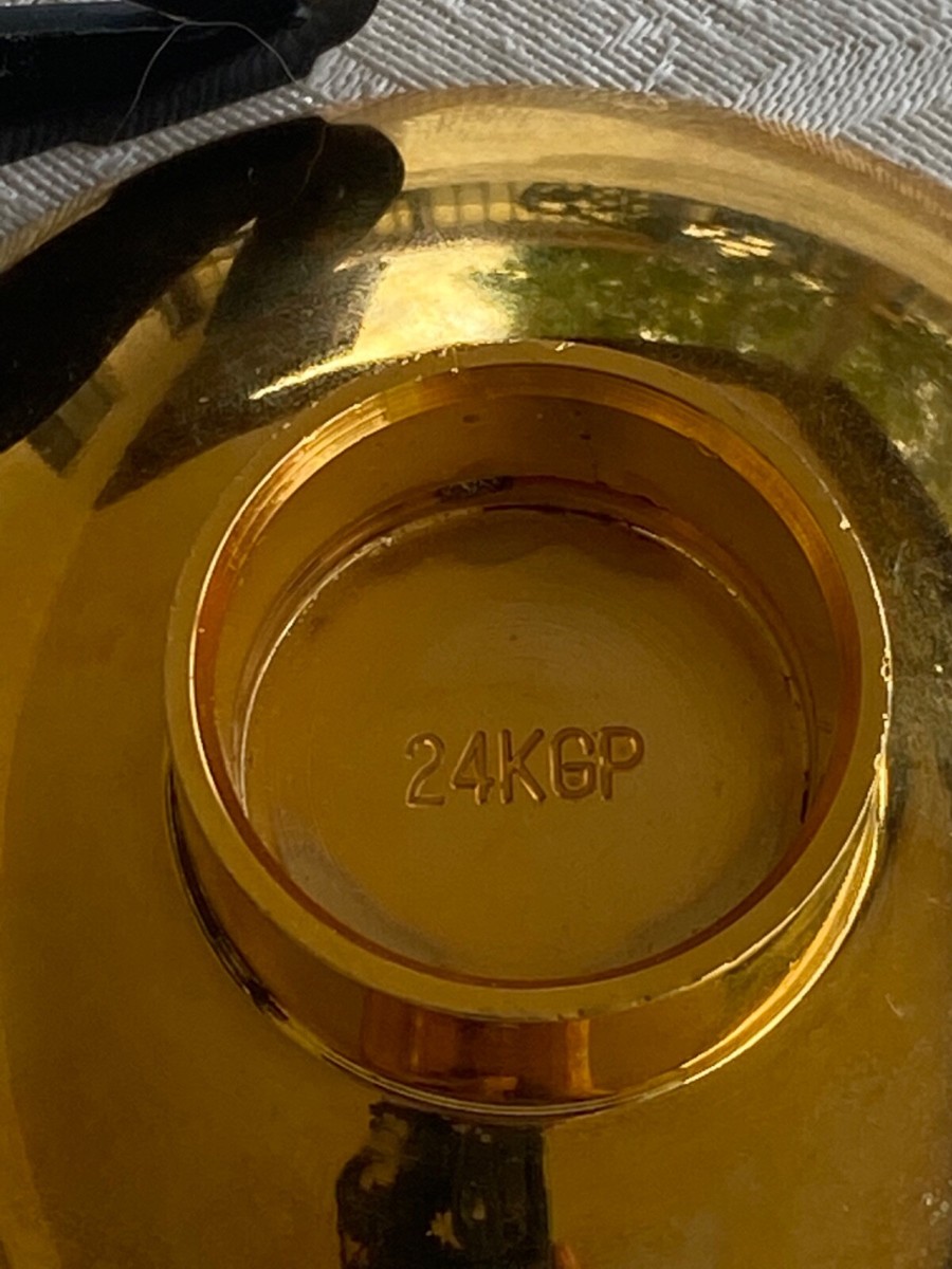 Vintage Japanese 3.5” dia Sake Cup Gold Plated 24KGP Castle Raised
