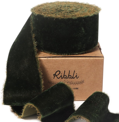 Dark Moss Velvet Ribbon 1.5 Inch Handmade Frayed Vintage Christmas Ribbon for Gi