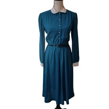 VTG 1970s Sears Green Dress White Peter Pan Collar Button Size 14M W/Belt E-23