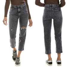 7 For All Mankind High Waist Cropped Straight Jeans Womens 26 Faded Black Ripped
