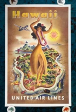 Original Travel Poster United Air Lines Hawaii Hula Dance Lei Beach Sun Nature