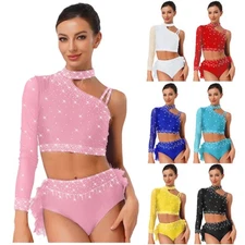 Womens Crop Top Rhinestone Dancewear Belly Tops Show Sparkly Modern Latin Stage