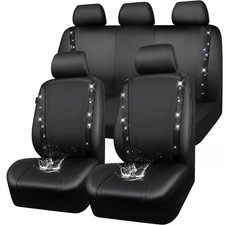 CAR PASS Leather Bling Diamond Car Seat Covers Full Set, Shining Rhinestone W...