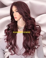 32" LACE FRONT FULL WIG LONG LAYERED WAVY BLACK BURGUNDY MIX HEAT OK