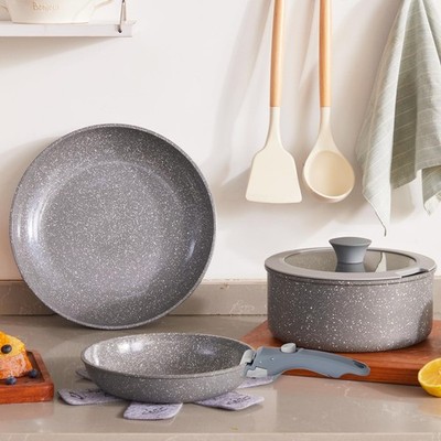 Gray Non Stick Pot and Pan Set with Removable Handle, Ceramic Cookware Set De...