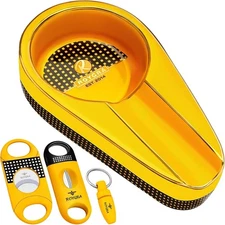 roygra Cigar Ashtray with 3 Cigar Cutter for all Cigars, Ceramic Handmade Gilt A