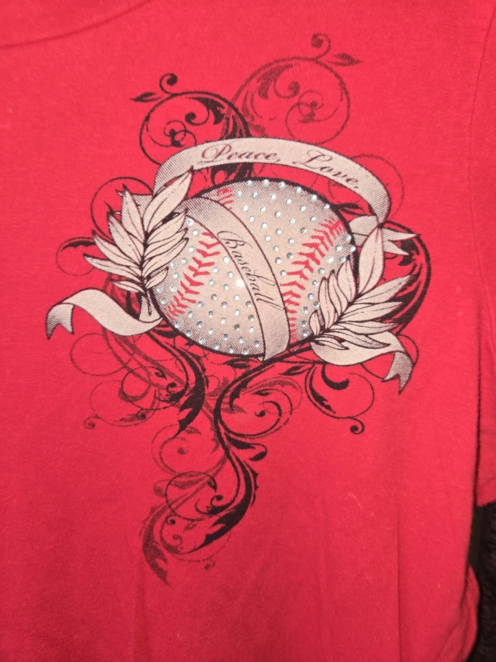 Women's Vintage Katydid Red Peace Love Baseball Graphic Rhinestone Shirt Size 2X - Image 2 of 4