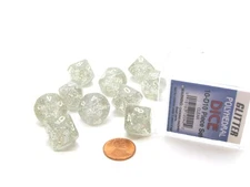 Pack of 10 D10 Glitter Dice in Display Case- Clear with White Numbers