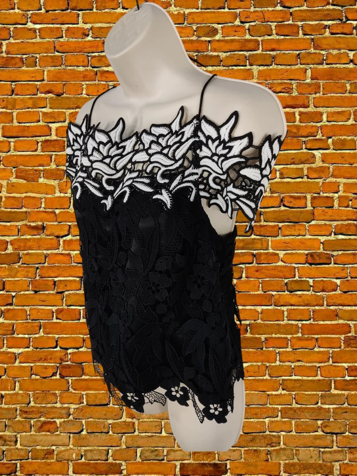 TOPSHOP TOP NEGRO TALLA UK 12 MUJER TIRAS ENCAJE BLANCO DISEÑO FLORAL CREMALLERA TANQUE Foto 2 de 4
