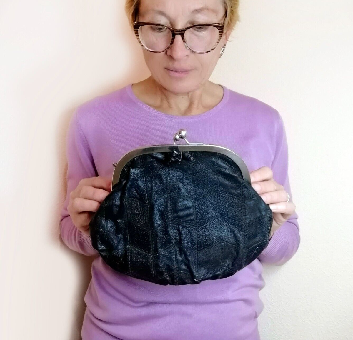 Vintage Clutch Black Leather Handbag Ladies Evening Bag Purse Kiss Lock  Wallet