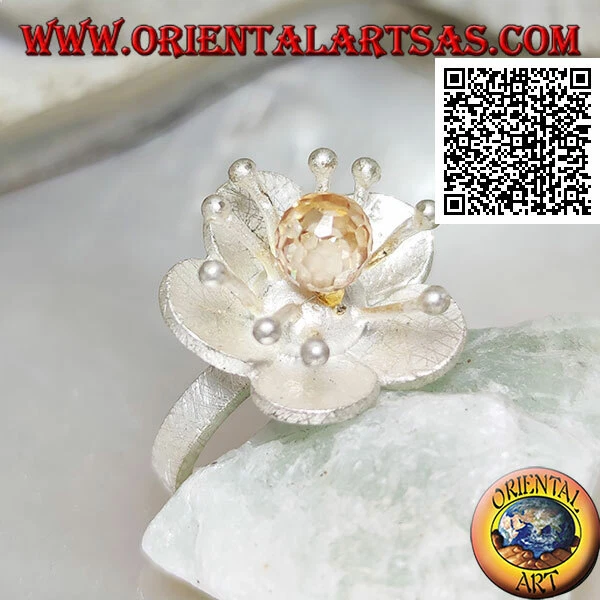 Bague en Argent 925‰ Satin Anémone De Mer et Zircon Citrine Central - Photo 1/1