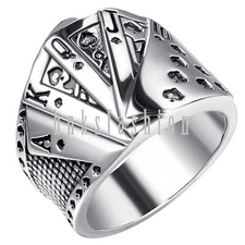 Men's Biker Lucky Poker Card Casino Cocktail Ring Stainless Steel Band Size 7-13