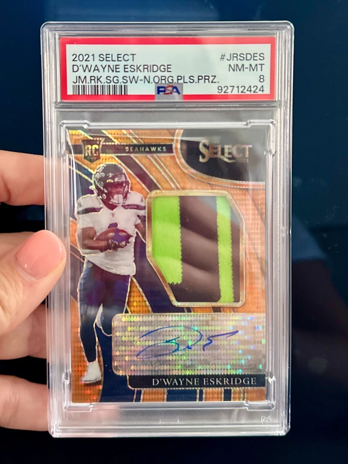 D'Wayne Eskridge Panini Select Jumbo Rookie Signature Swatches #JRSDES Neon Orange Pulsar Prizm