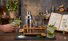 Vinsani 15pc Cocktail Making Set Stainless Steel Shaker Wood Stand Gift Bar Kit