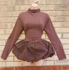 Mika brown high neck long sleeve puffball bubble party skater mini dress 14 L