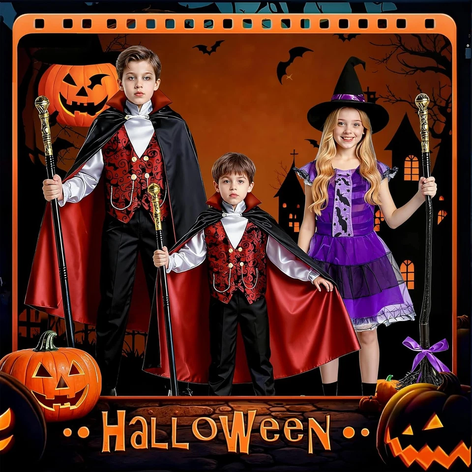 Boys Vampire Costume Set with Cape, Shirt, Pants & Cane Kids Dracula Outfit - Image 3 of 4