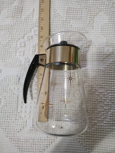 Corning Pyrex Atomic Gold Starburst Glass Coffee Carafe 6 Cup | MCM Vintage