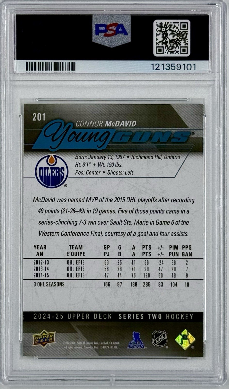 2024-25 Upper Deck Series 2 Hockey Connor McDavid #201 Young Guns Renewed PSA 10 view 2