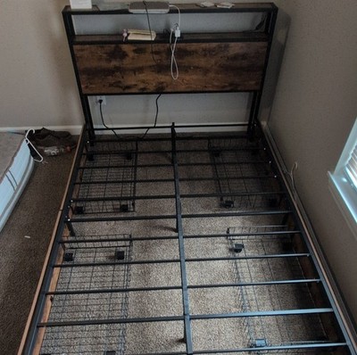 full Industrial Metal Wood Platform Bed Frame Headboard Slatted Power Outlets