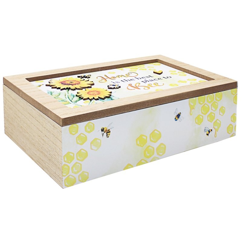 Bee Happy Sunflower Wooden Tea Box Holder Organiser Summer Floral 6 Compartments