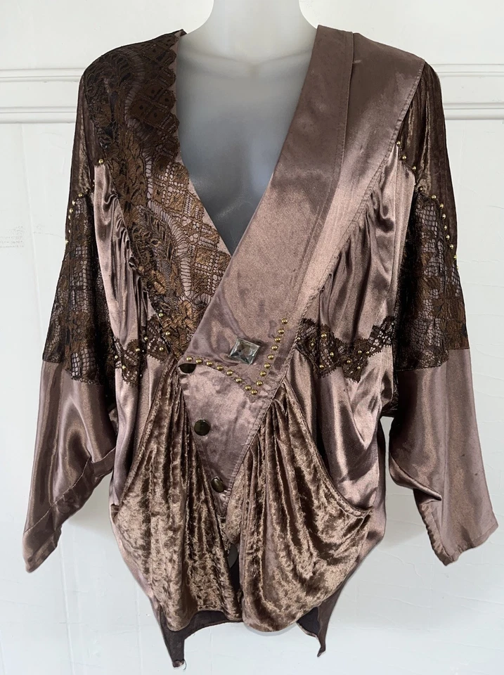 MON-LIZ Paris 80s 90s Lagenlook Brown Velvet Lace Satin Blazer France Vintage-L - Image 3 of 4