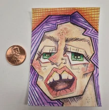 aceo original painting abstract portrait woman 2.5"x3.5" watercolor third eye