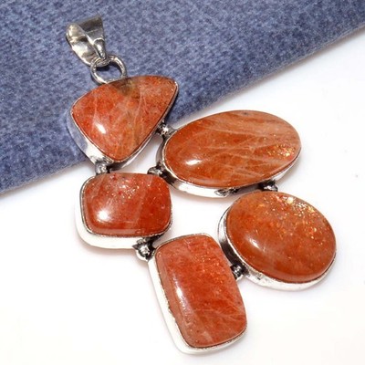 925 Silver Plated Classy Sunstone Pendant 2.3'' Special Edition Design Trendy GW