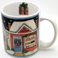 CIC Susan Winget Christmas Village Mug Bakery Toy Shop 1992 Art Coffee Cup