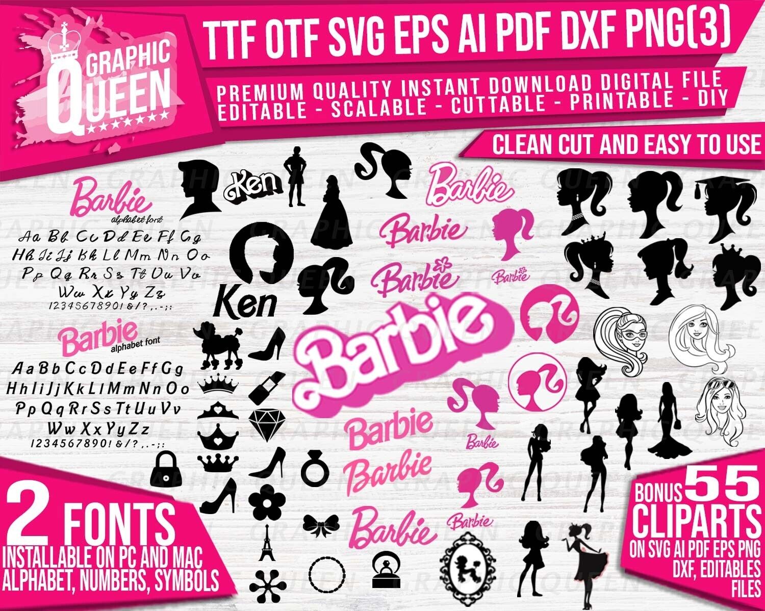 Barbie bundle 2 installable fonts numbers digital file 55 printable Clipart  SVG