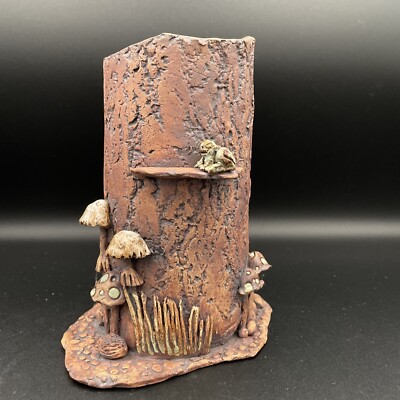 Unique Art Pottery - Tree Stump Vase with Mushrooms and Frog - stamped mark