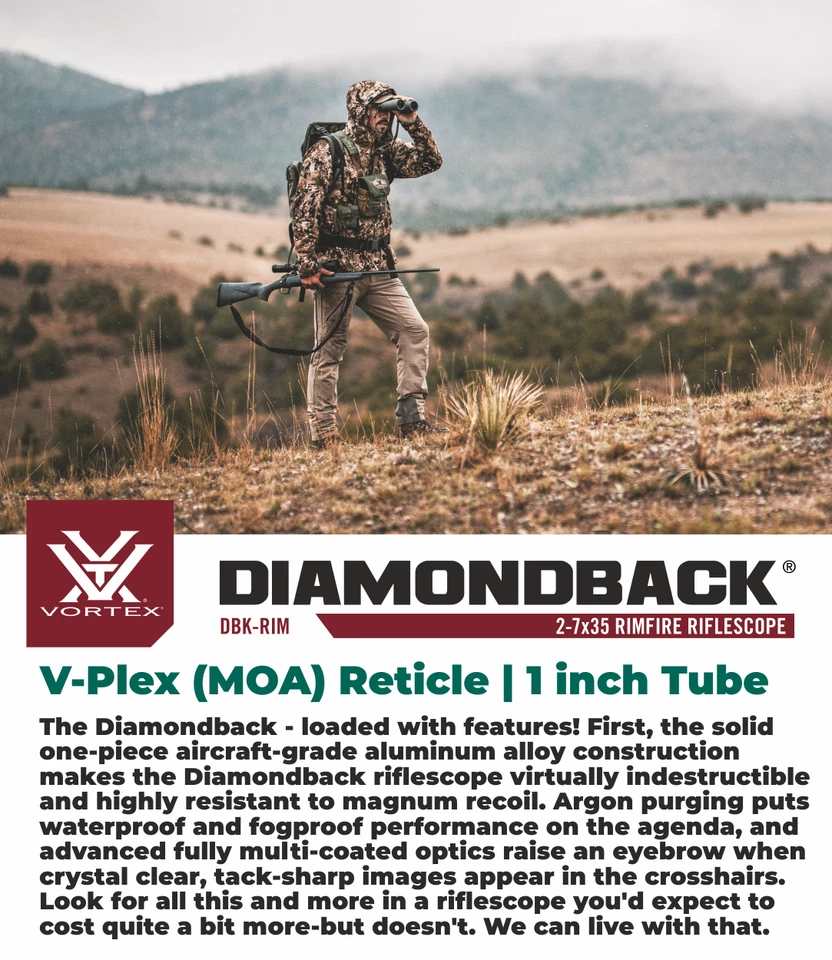 Vortex Optics Diamondback 2-7x35 Rimfire mira telescópica V-Plex com anéis med e chapéu - Imagem 3 de 4