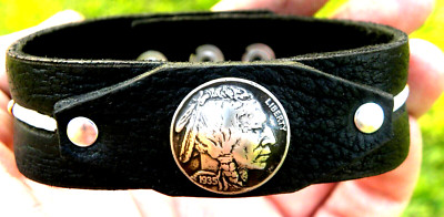 Cuff bracelet Bison leather dentalium  luck shells  Buffalo Indian nickel coin  