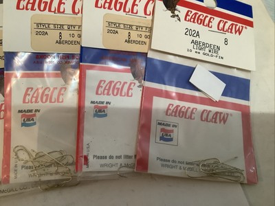 NOS EAGLE CLAW #202A SIZE 8 50 PCS. ABERDEEN LIGHT WIRE GOLD FIN.FISH HOOKS 