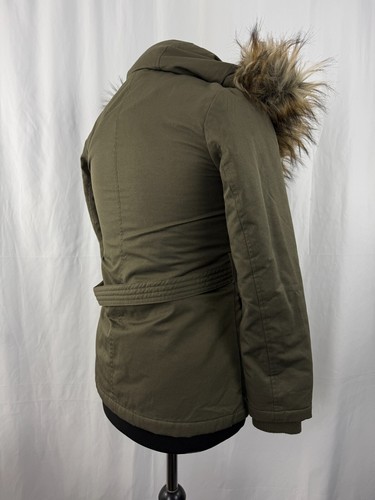 Womens Miss Selfridges Coat parka Petite Faux Fur Hooded Green Cotton Size 8 - Picture 18 of 22