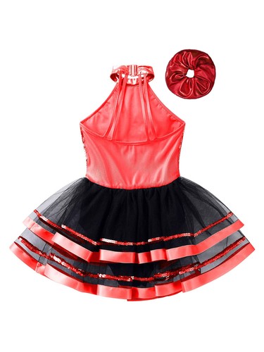 Kids Girls Set Headwear Outfit Gymnastic Suit Leotard Costume Halter Party Tutu - Picture 23 of 38