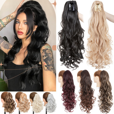 Long Straight Wavy Ponytail Hair Extension Claw Clip Natural Real As Human Black