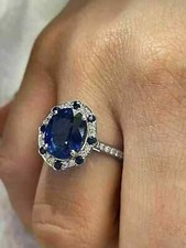 Art Deco Style 4Ct Oval Lab Created Blue Sapphire Engagement White Gold FN Ring