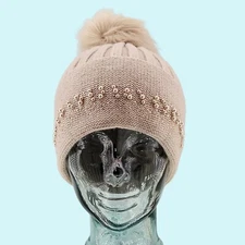 Adrienne Landau Hat Beanie Blush Wool Blend Embellished Faux Fur Outdoor Winter