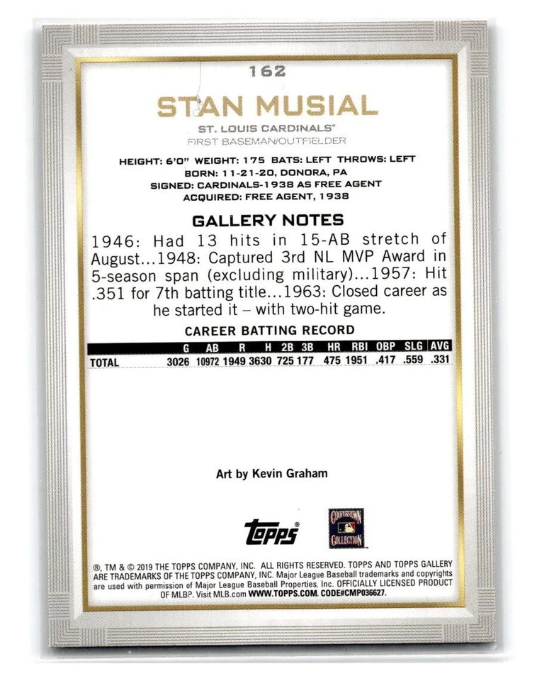 2019 Topps Gallery -Masters #162 Stan Musial - Cardinals - Image 2 of 2
