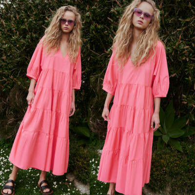 zara pink layered dress NEW tiered poplin 0881 size S Gifts/Gifts For Her
